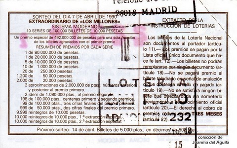 Reverso décimo de Lotería 1990 / 14
