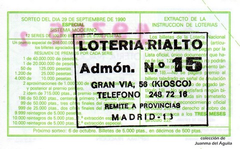 Reverso décimo de Lotería 1990 / 39