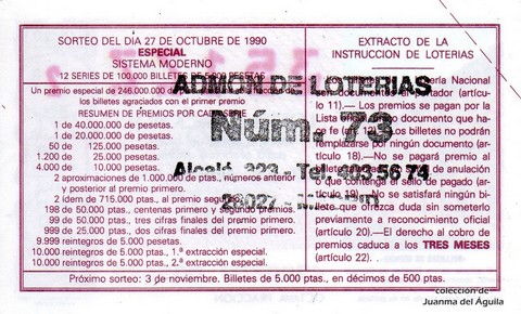 Reverso décimo de Lotería 1990 / 43