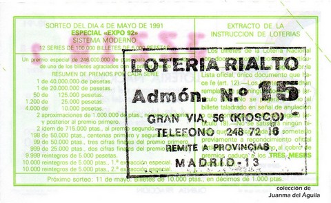 Reverso décimo de Lotería 1991 / 18