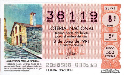 Décimo de Lotería Nacional de 1991 Sorteo 23 - «ARQUITECTURA POPULAR ESPAÑOLA» - TRABADELO (LEON)
