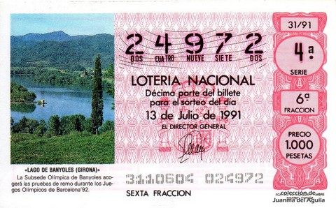 Décimo de Lotería Nacional de 1991 Sorteo 31 - «LAGO DE BANYOLES (GIRONA)»