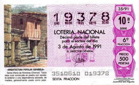 Décimo de Lotería Nacional de 1991 Sorteo 35 - «ARQUITECTURA POPULAR ESPAÑOLA» - SANTA MARIA DE MOREIRAS (ORENSE). TIPICA CASA RURAL
