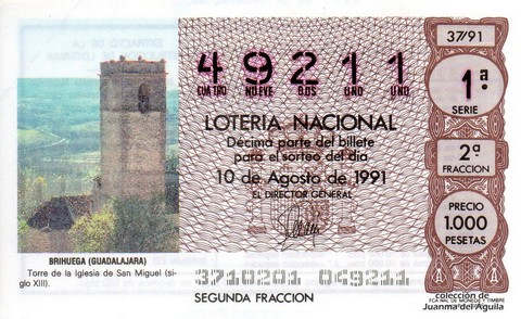 Décimo de Lotería Nacional de 1991 Sorteo 37 - BRIHUEGA  (GUADALAJARA)