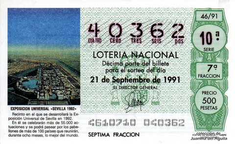 Décimo de Lotería Nacional de 1991 Sorteo 46 - EXPOSICION UNIVERSAL «SEVILLA 1992»