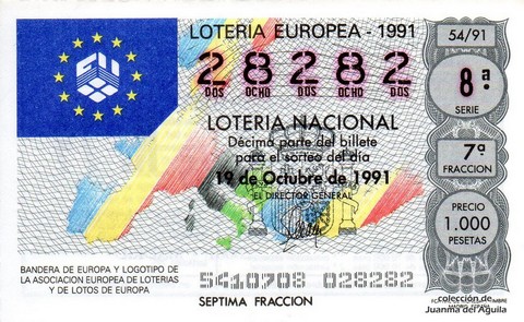 Décimo de Lotería Nacional de 1991 Sorteo 54 - BANDERAS DE EUROPA Y LOGOTIPO DE LA ASOCIACION EUROPEA DE LOTERIAS Y LOTOS DE EUROPA