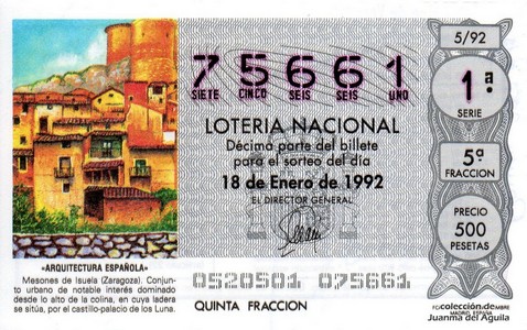 Décimo de Lotería Nacional de 1992 Sorteo 5 - «ARQUITECTURA ESPAÑOLA» -MESONES DE ISUELA (ZARAGOZA). CONJUNTO URBANO