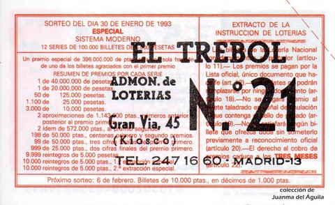 Reverso del décimo de Lotería Nacional de 1993 Sorteo 10