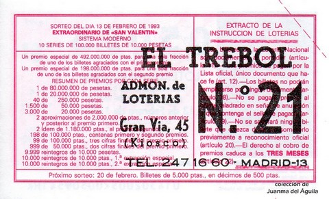 Reverso del décimo de Lotería Nacional de 1993 Sorteo 14