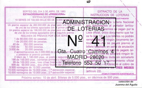Reverso del décimo de Lotería Nacional de 1993 Sorteo 28
