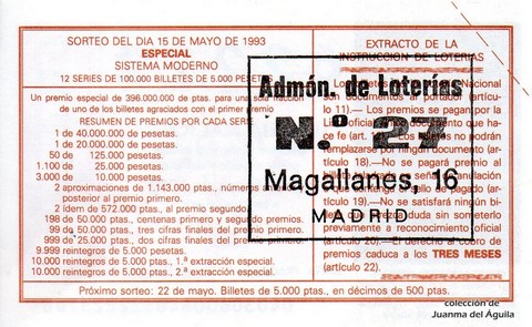 Reverso del décimo de Lotería Nacional de 1993 Sorteo 40