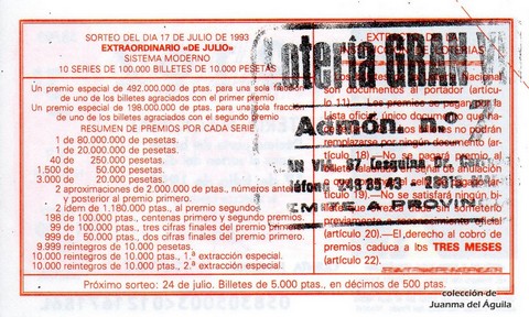 Reverso décimo de Lotería 1993 / 58