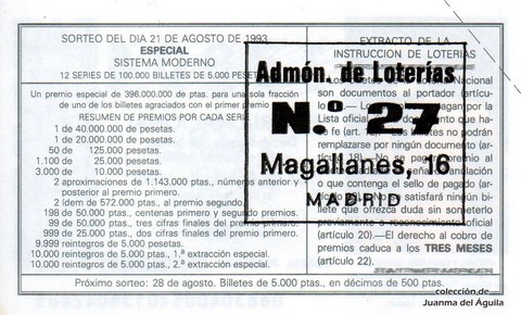 Reverso décimo de Lotería 1993 / 68