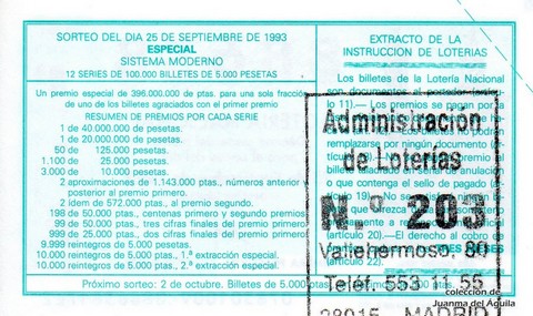 Reverso del décimo de Lotería Nacional de 1993 Sorteo 78