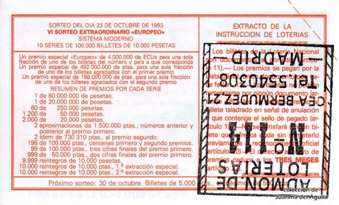 Reverso décimo de Lotería 1993 / 86