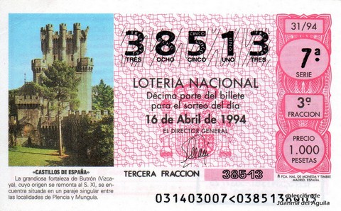 Décimo de Lotería Nacional de 1994 Sorteo 31 - «CASTILLOS DE ESPAÑA» - FORTALEZA DE BUTRÓN (VIZCAYA)