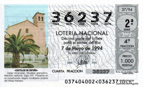 Décimo de Lotería Nacional de 1994 Sorteo 37 - «CASTILLOS DE ESPAÑA» - MANSIÓN SEÑORIAL DE UGÍJAR (GRANADA)