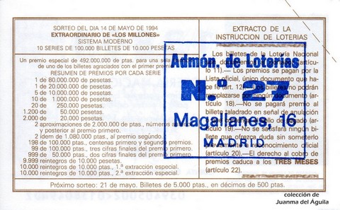 Reverso décimo de Lotería 1994 / 39