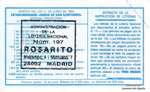 Reverso décimo de Lotería 1994 / 47