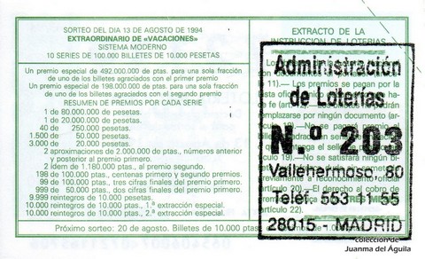 Reverso décimo de Lotería 1994 / 65