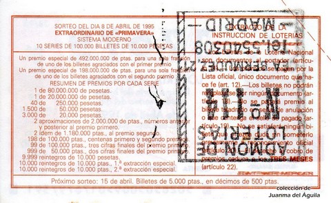 Reverso décimo de Lotería 1995 / 28