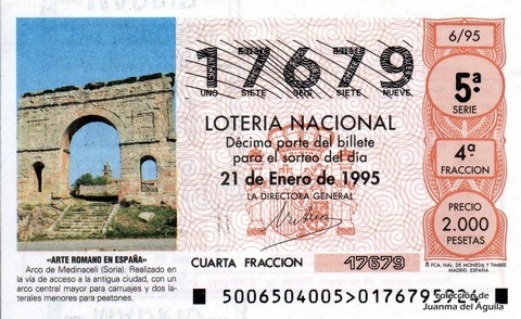Décimo de Lotería Nacional de 1995 Sorteo 6 - «ARTE ROMANO EN ESPAÑA» - ARCO DE MEDINACELI (SORIA)