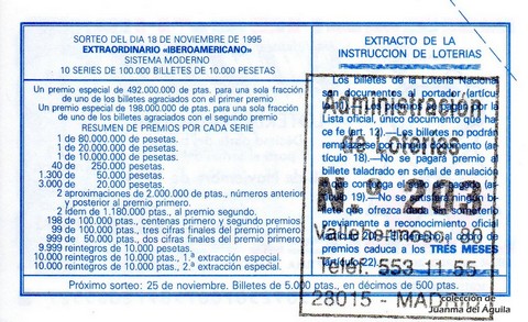 Reverso décimo de Lotería 1995 / 92