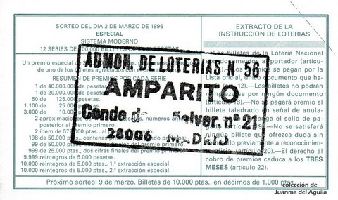Reverso décimo de Lotería 1996 / 18