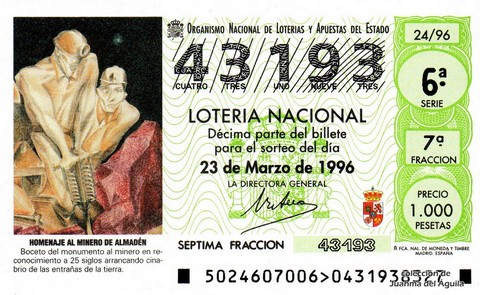 Décimo de Lotería Nacional de 1996 Sorteo 24 - HOMENAJE AL MINERO DE ALMADÉN