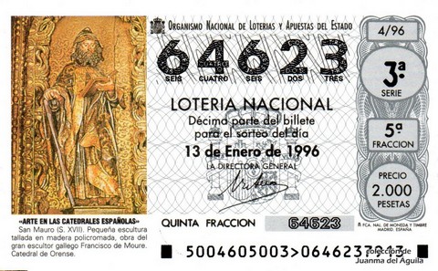 Décimo de Lotería Nacional de 1996 Sorteo 4 - «ARTE EN LAS CATEDRALES ESPAÑOLAS». SAN MAURO (S. XVII). PEQUEÑA ESCULTURA TALLADA EN MADERA