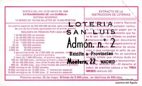 Reverso décimo de Lotería 1996 / 40