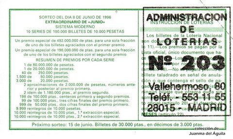 Reverso décimo de Lotería 1996 / 46