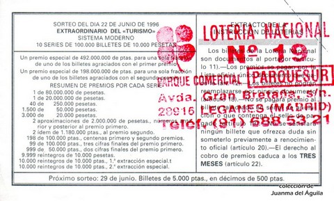 Reverso décimo de Lotería 1996 / 50