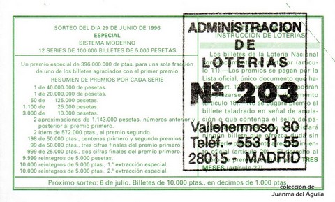 Reverso del décimo de Lotería Nacional de 1996 Sorteo 52