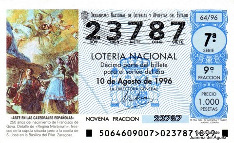 Décimo de Lotería Nacional de 1996 Sorteo 64 - «ARTE EN LAS CATEDRALES ESPAÑOLAS». DETALLE DE «REGINA MARTYRUM»