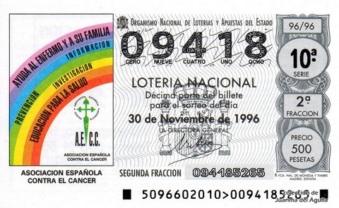 Décimo de Lotería Nacional de 1996 Sorteo 96 - ASOCIACION ESPAÑOLA CONTRA EL CANCER