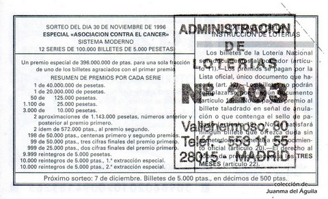 Reverso décimo de Lotería 1996 / 96