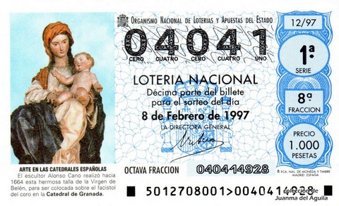 Décimo de Lotería Nacional de 1997 Sorteo 12 - ARTE EN LAS CATEDRALES ESPAÑOLAS - TALLA DE LA VIRGEN DE BELÉN