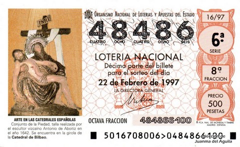 Décimo de Lotería Nacional de 1997 Sorteo 16 - ARTE EN LAS CATEDRALES ESPAÑOLAS - CONJUNTO DE LA PIEDAD