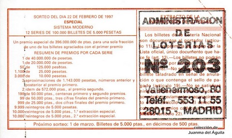 Reverso décimo de Lotería 1997 / 16