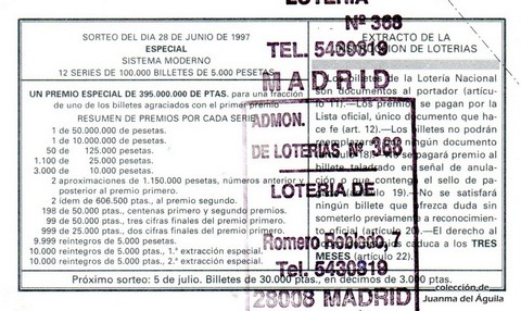 Reverso décimo de Lotería 1997 / 52