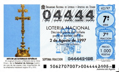 Décimo de Lotería Nacional de 1997 Sorteo 62 - ARTE EN LAS CATEDRALES ESPAÑOLAS - EL «LIGNUM CRUCIS» DE LA CATEDRAL DE ASTORGA (LEÓN)