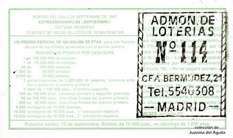 Reverso décimo de Lotería 1997 / 72