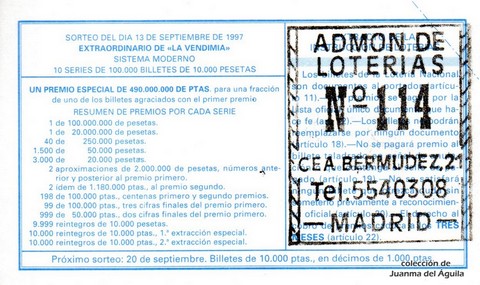 Reverso décimo de Lotería 1997 / 74