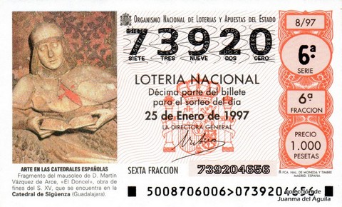 Décimo de Lotería Nacional de 1997 Sorteo 8 - ARTE EN LAS CATEDRALES ESPAÑOLAS - FRAGMENTO DEL MAUSOLEO DE D. MARTÍN VÁZQUEZ DE ARCE