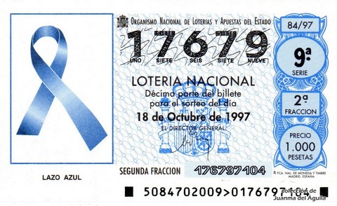 Décimo de Lotería Nacional de 1997 Sorteo 84 - LAZO AZUL