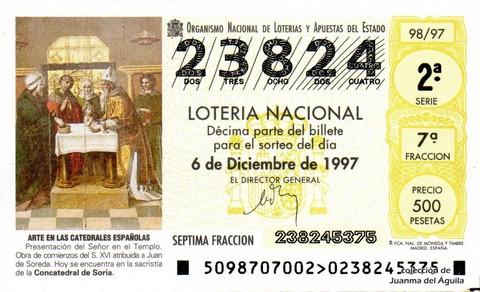 Décimo de Lotería Nacional de 1997 Sorteo 98 - ARTE EN LAS CATEDRALES ESPAÑOLAS - PRESENTACIÓN DEL SEÑOR EN EL TEMPLO (S. XVI)