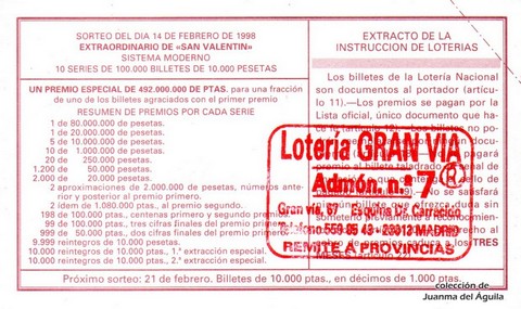 Reverso del décimo de Lotería Nacional de 1998 Sorteo 14