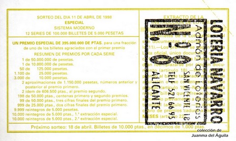 Reverso del décimo de Lotería Nacional de 1998 Sorteo 30