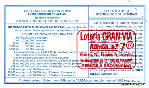 Reverso del décimo de Lotería Nacional de 1998 Sorteo 38